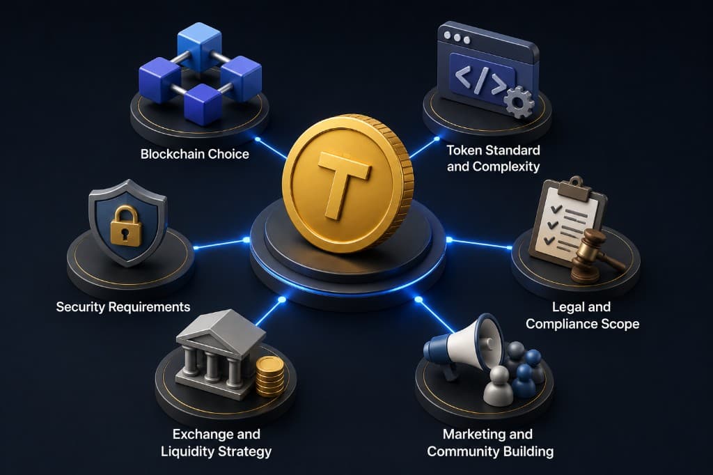 What drives crypto token launch cost infographic showing blockchain choice, smart contract complexity, security audit depth, legal registration, exchange listing, and marketing spend.