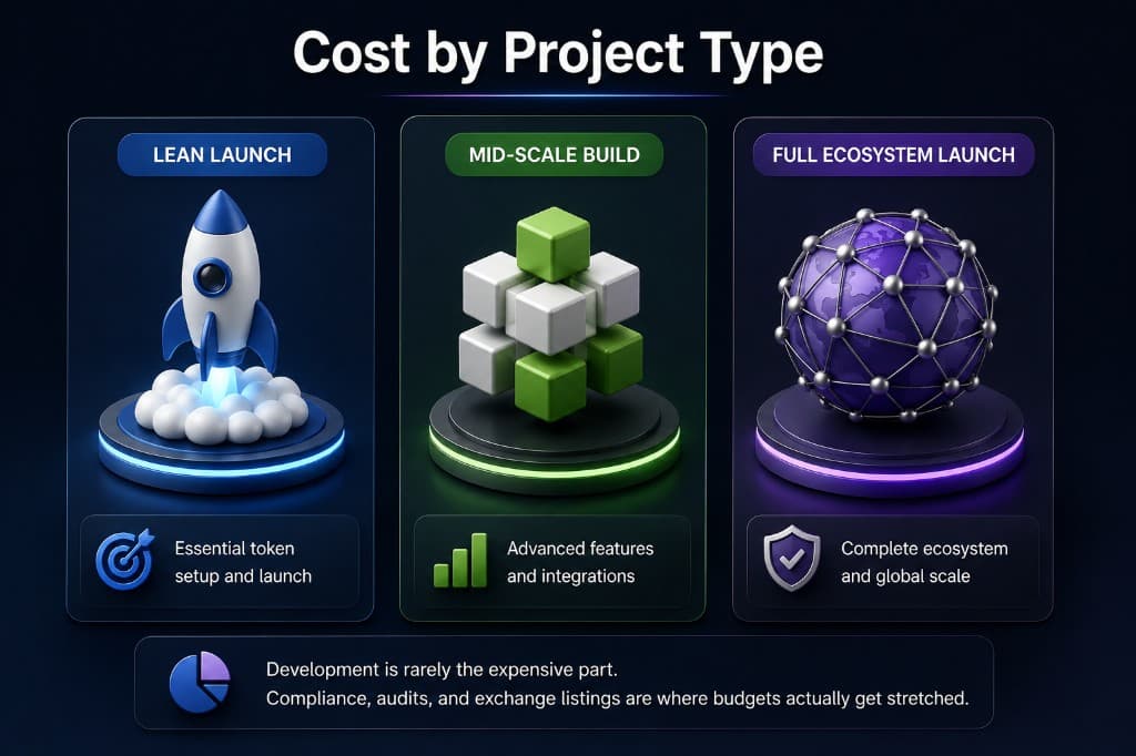 Three ways to budget a crypto token launch: lean launch under $40K, mid-scale build up to $150K, and full ecosystem launch at $250K and up.