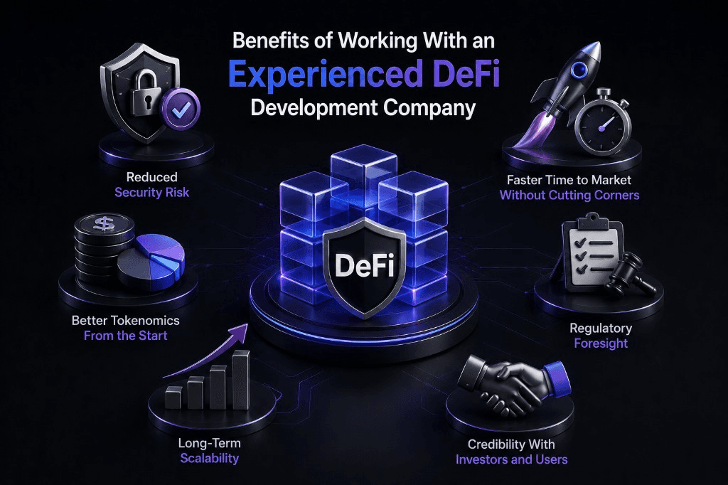 Benefits of working with an experienced DeFi development company: reduced security risk, faster time to market, better tokenomics, regulatory foresight, long-term scalability, and credibility with investors and users.