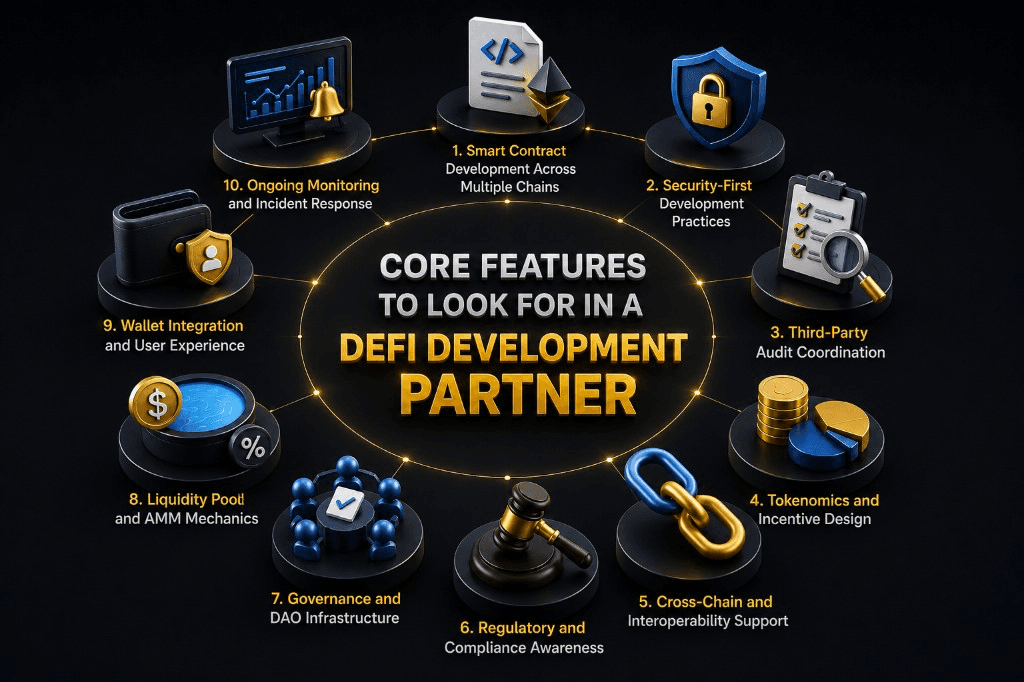 Core features to look for in a DeFi development partner: multi-chain smart contracts, security-first practices, third-party audits, tokenomics, cross-chain support, compliance, DAO governance, AMM mechanics, wallet UX, and incident response.