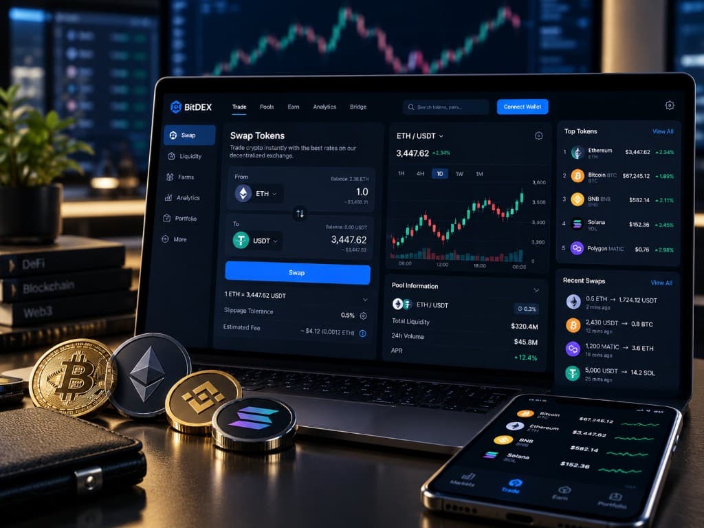 BitDEX decentralized exchange on a laptop showing an ETH to USDT token swap, price chart, liquidity, top tokens and recent swaps, with Bitcoin, Ethereum, BNB and Solana coins and a phone beside the screen.