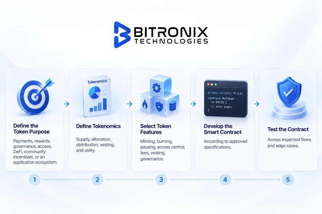 Bitronix Technologies ERC-20 token development process in five stages: define the token purpose, define tokenomics, select token features, develop the smart contract, and test the contract.