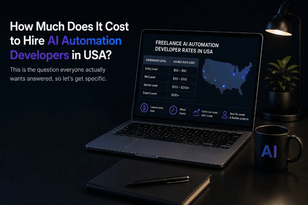 Cost to hire AI automation developers in the USA by hiring model: freelancer, AI automation agency, and in-house AI team hourly, project, and annual ranges.