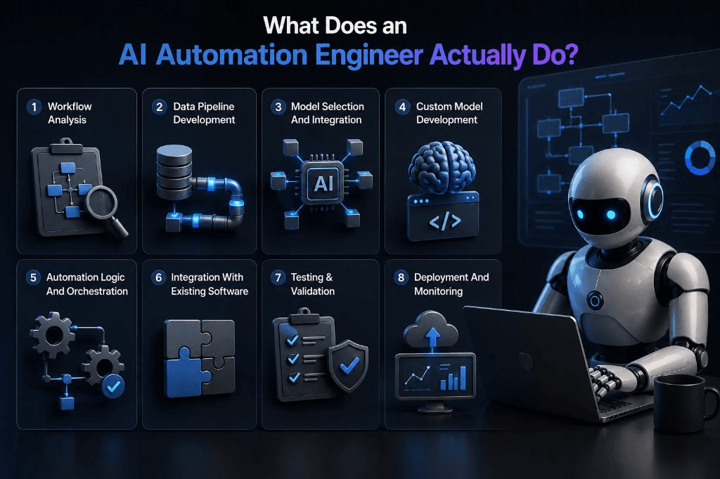 What an AI automation engineer actually does: workflow analysis, data pipelines, model selection, custom models, orchestration, integrations, testing, and monitoring.