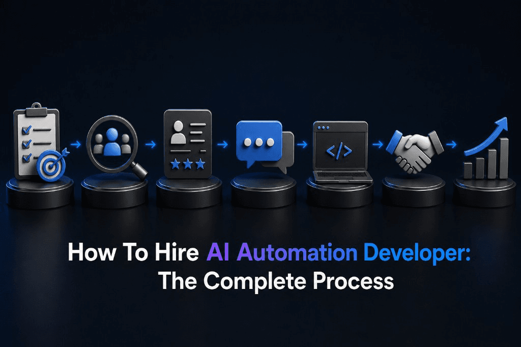 How to hire an AI automation developer: define the problem, choose a hiring model, shortlist, evaluate technical depth, request an itemized proposal, run a pilot, define success metrics, and plan post-launch support.