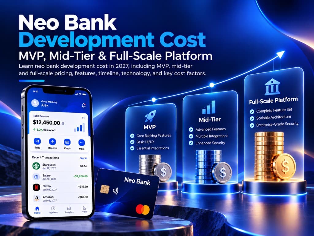 Neo bank development cost guide by Bitronix Technologies: a digital banking app and card beside MVP, mid-tier and full-scale platform tiers with rising coin stacks.