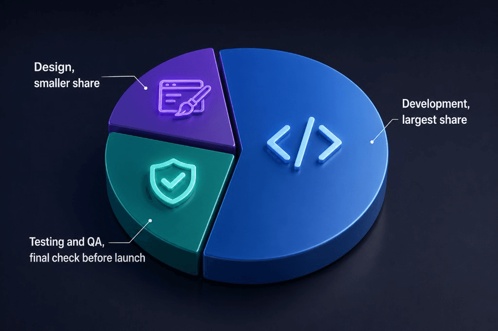 3D pie chart of NFT marketplace budget split: design as a smaller share, development as the largest share, and testing and QA as the final check before launch.