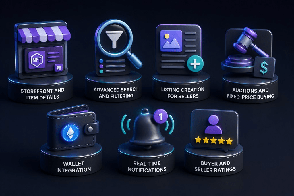 Infographic of NFT marketplace development features: storefront and item details, advanced search and filtering, listing creation, auctions and fixed-price buying, wallet integration, real-time notifications, and buyer and seller ratings.
