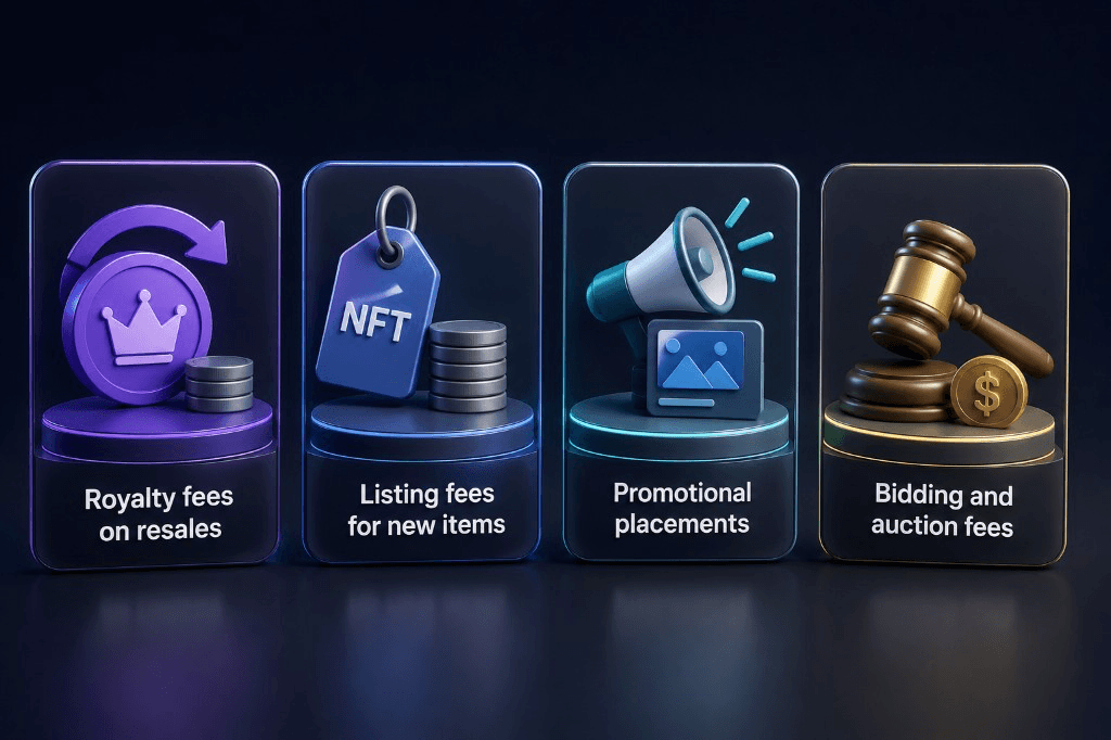 Infographic of NFT marketplace monetization models: royalty fees on resales, listing fees for new items, promotional placements, and bidding and auction fees.