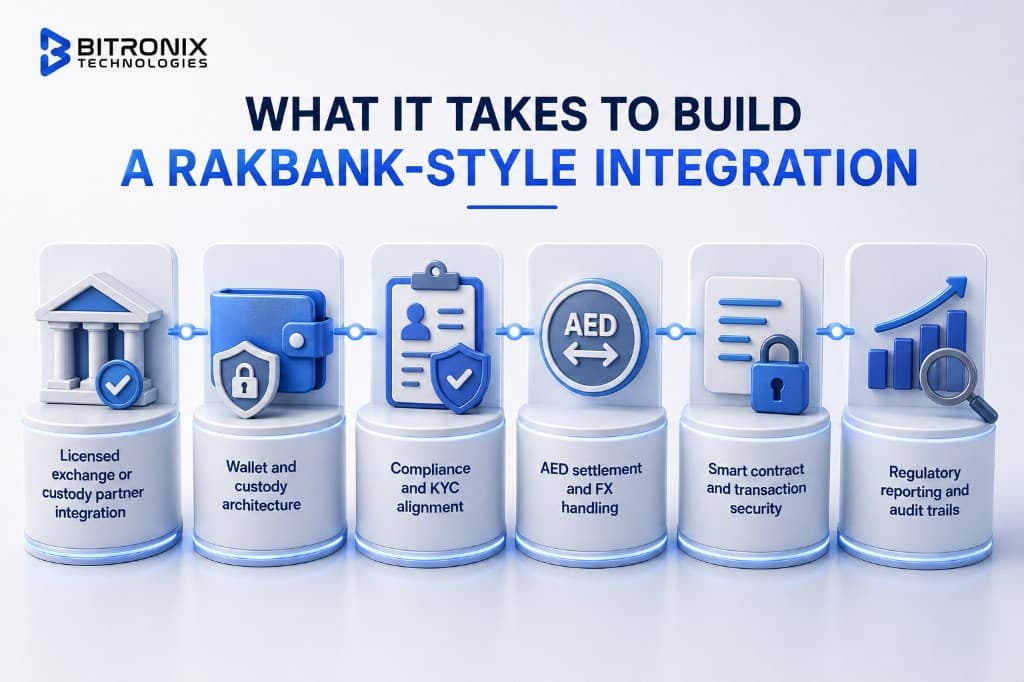 What It Takes to Build a Rakbank-Style Integration by Bitronix Technologies: licensed exchange or custody partner integration, wallet and custody architecture, compliance and KYC alignment, AED settlement and FX handling, smart contract security, and regulatory reporting with audit trails.