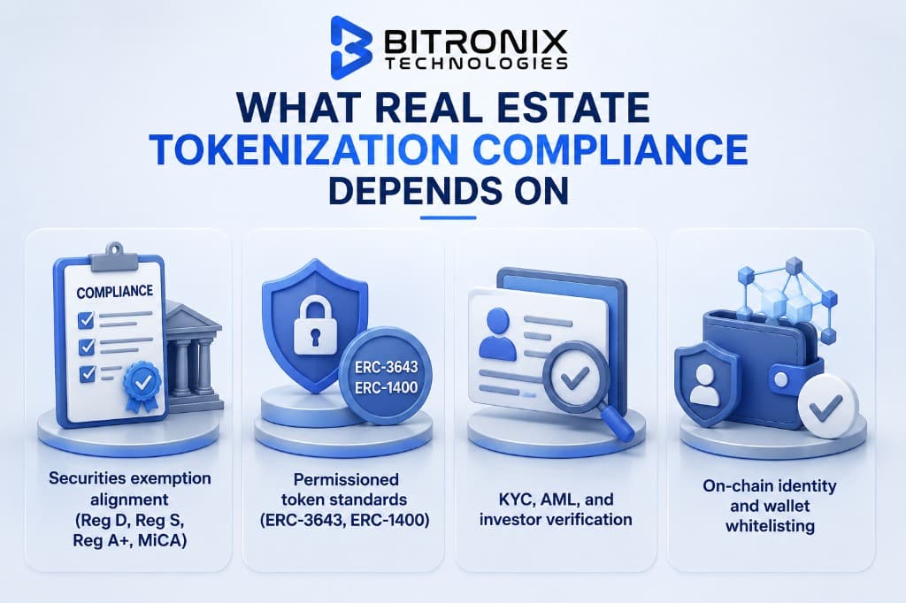 What Real Estate Tokenization Compliance Depends On by Bitronix Technologies: securities exemption alignment (Reg D, Reg S, Reg A+, MiCA), permissioned token standards (ERC-3643, ERC-1400), KYC/AML investor verification, and on-chain identity with wallet whitelisting.