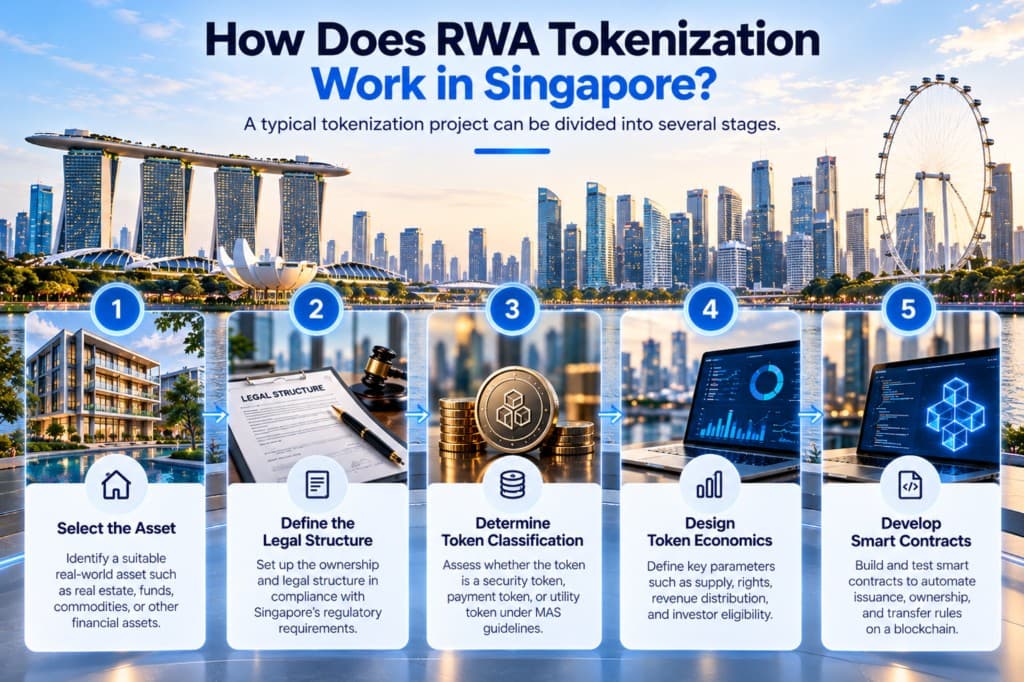 Five stages of RWA tokenization in Singapore: select the asset, define the legal structure, determine token classification, design token economics and develop smart contracts