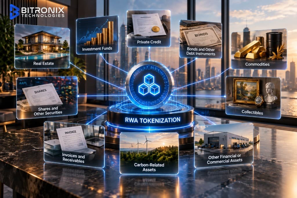 Bitronix diagram of RWA tokenization asset types, including real estate, investment funds, private credit, bonds, commodities, shares, collectibles, invoices and carbon-related assets