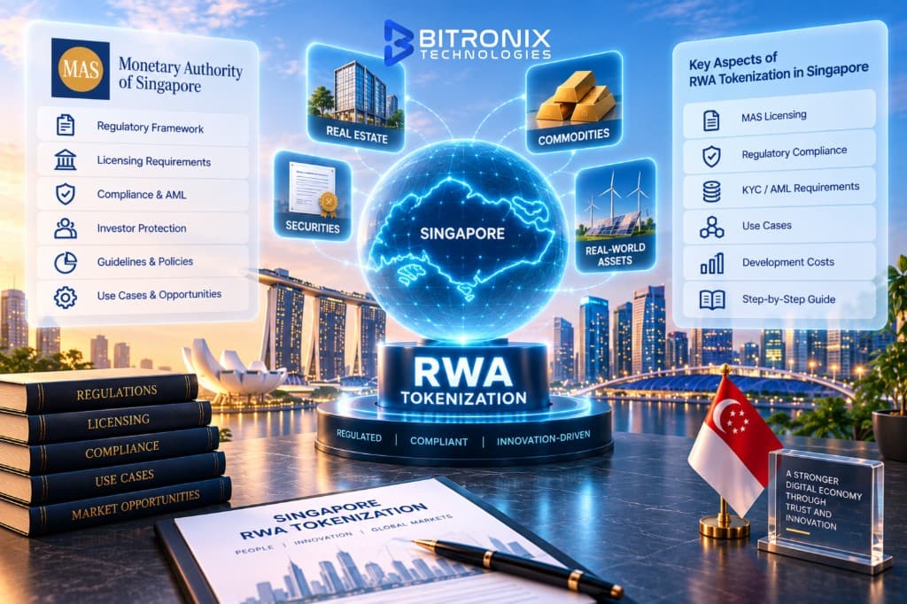 Bitronix cover for RWA tokenization in Singapore, showing MAS licensing, compliance, KYC/AML, real estate, commodities, securities and a step-by-step guide against the Singapore skyline