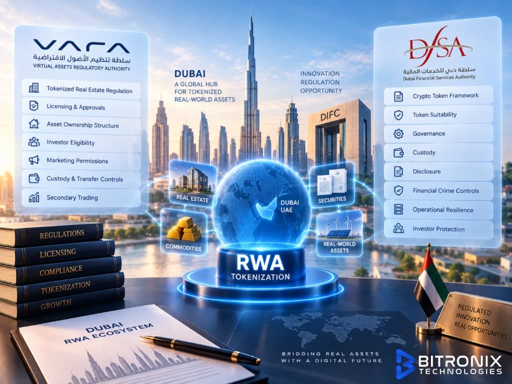 Bitronix infographic on RWA tokenization regulations in Dubai, covering VARA and DFSA frameworks for tokenized real estate, commodities, securities and real-world assets