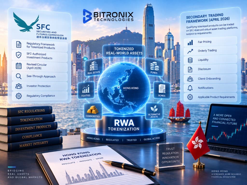 Bitronix infographic on RWA tokenization regulations in Hong Kong, covering the SFC framework, April 2026 revised circular, see-through approach and secondary trading requirements for tokenized investment products