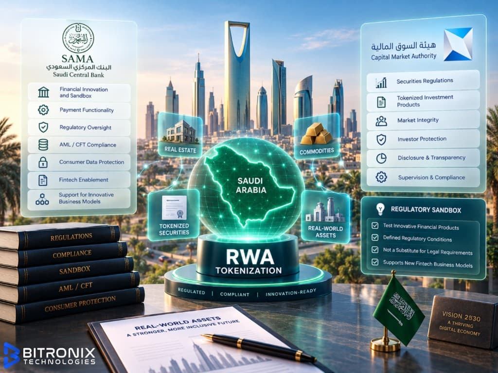 Bitronix infographic on RWA tokenization regulations in Saudi Arabia, covering SAMA sandbox, CMA securities rules, AML/CFT and Vision 2030 for tokenized real estate, securities, commodities and real-world assets