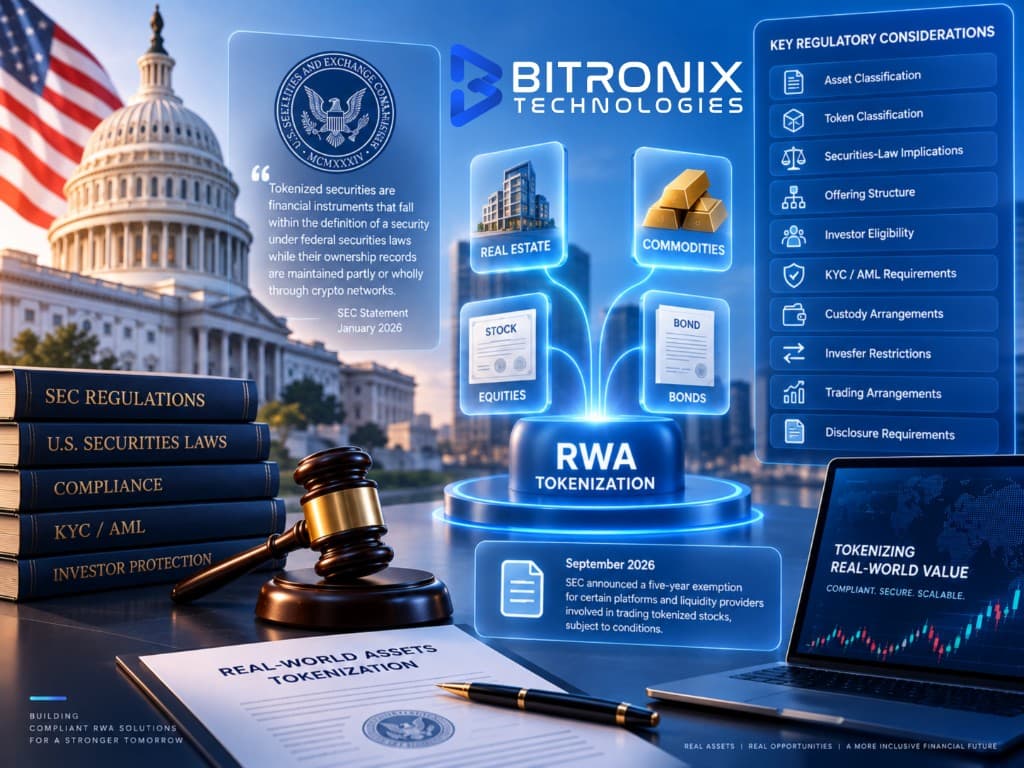 Bitronix infographic on RWA tokenization regulations in the USA, covering SEC securities laws, KYC/AML, investor protection and key compliance considerations for tokenized real estate, commodities, equities and bonds
