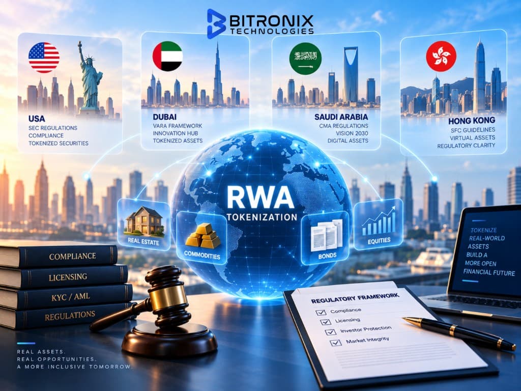Bitronix RWA tokenization regulations overview covering USA SEC, Dubai VARA, Saudi Arabia CMA and Hong Kong SFC frameworks for real estate, commodities, bonds and equities