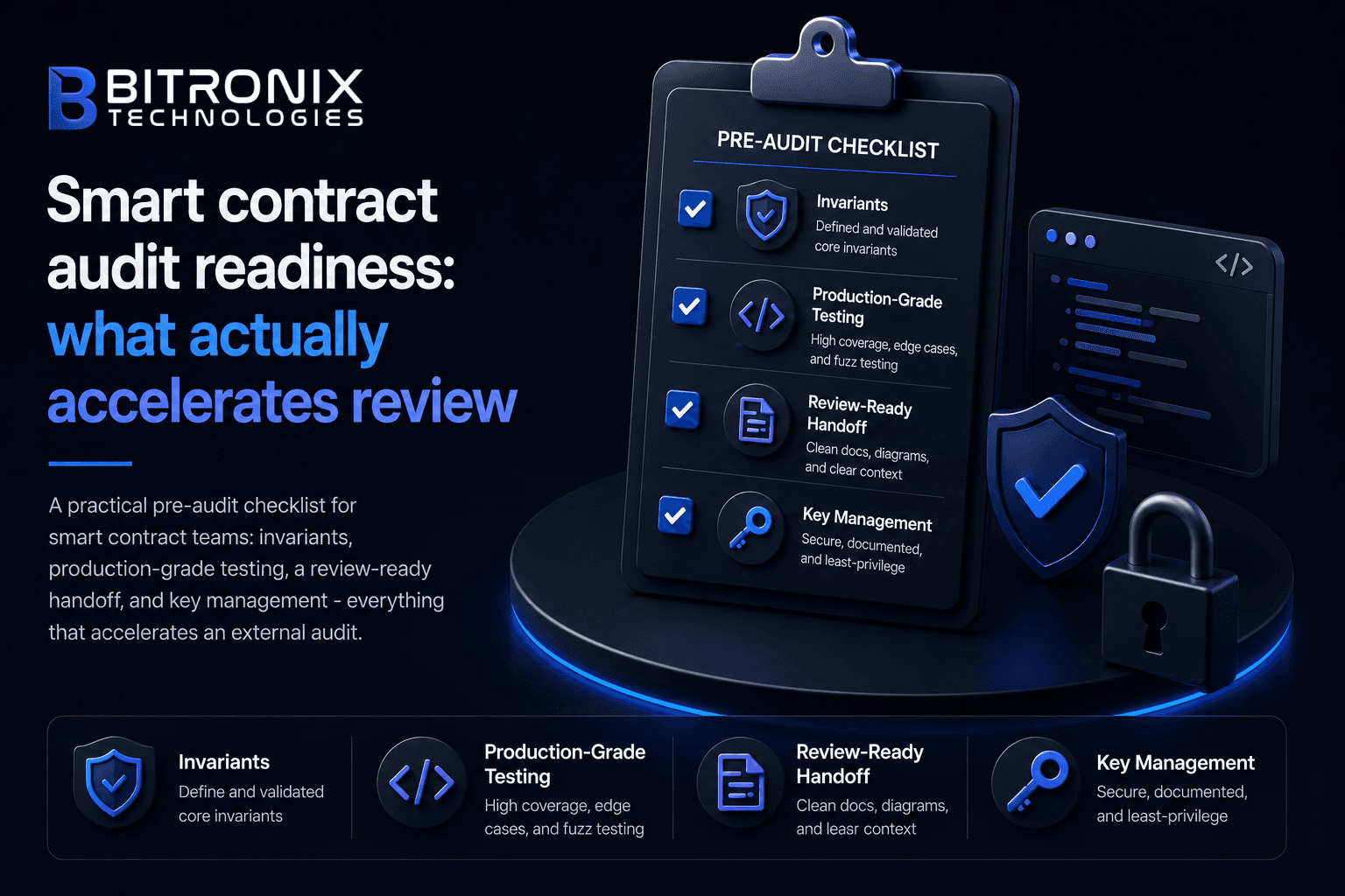 Smart contract audit readiness pre-audit checklist by Bitronix Technologies: invariants, production-grade testing, review-ready handoff, and key management to accelerate external review.