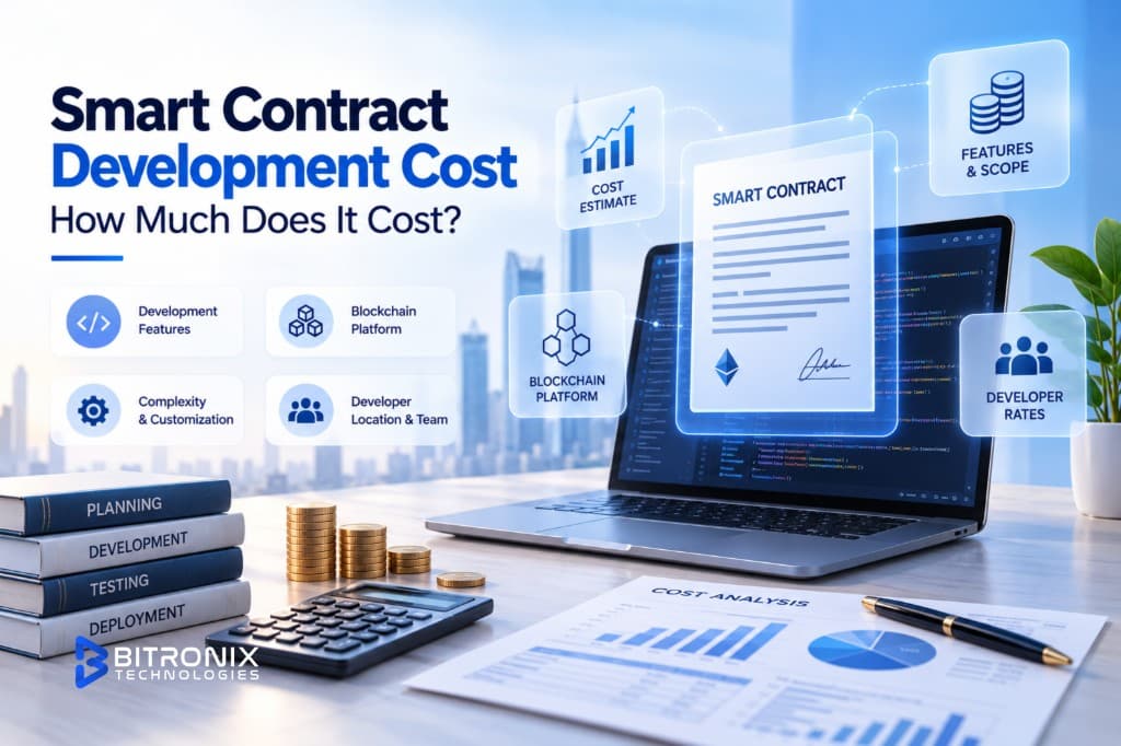 Smart contract development cost guide by Bitronix Technologies: cost estimate, features and scope, blockchain platform, complexity and customization and developer rates.