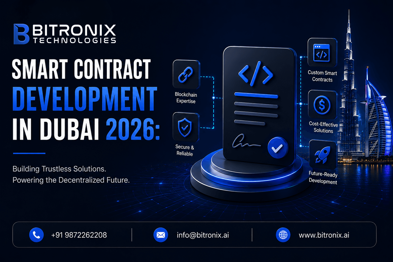Top 10 smart contract development companies in Dubai 2026 by Bitronix Technologies: blockchain expertise, secure contracts, and Dubai skyline.