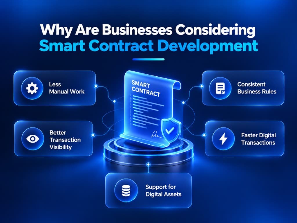 Why businesses are considering smart contract development: less manual work, better transaction visibility, consistent business rules, faster digital transactions and support for digital assets.