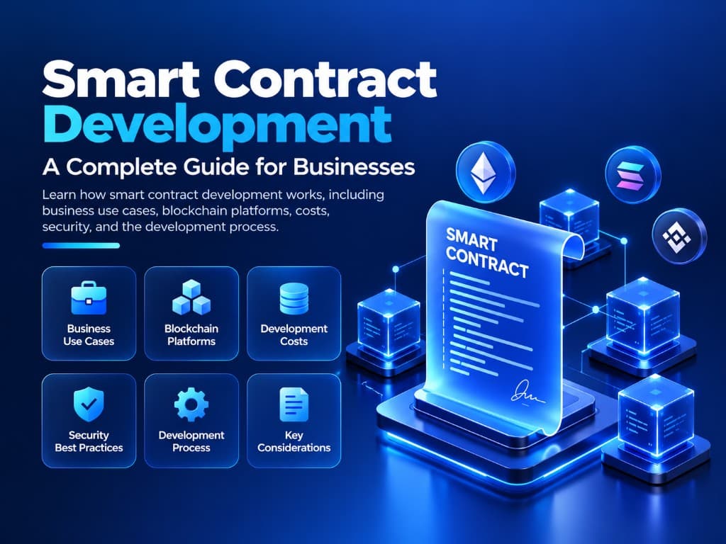 Smart contract development guide for businesses by Bitronix Technologies: a glowing smart contract document linked to blockchain blocks and Ethereum, Solana and BNB Chain icons, with business use cases, blockchain platforms, development costs, security best practices, development process and key considerations.
