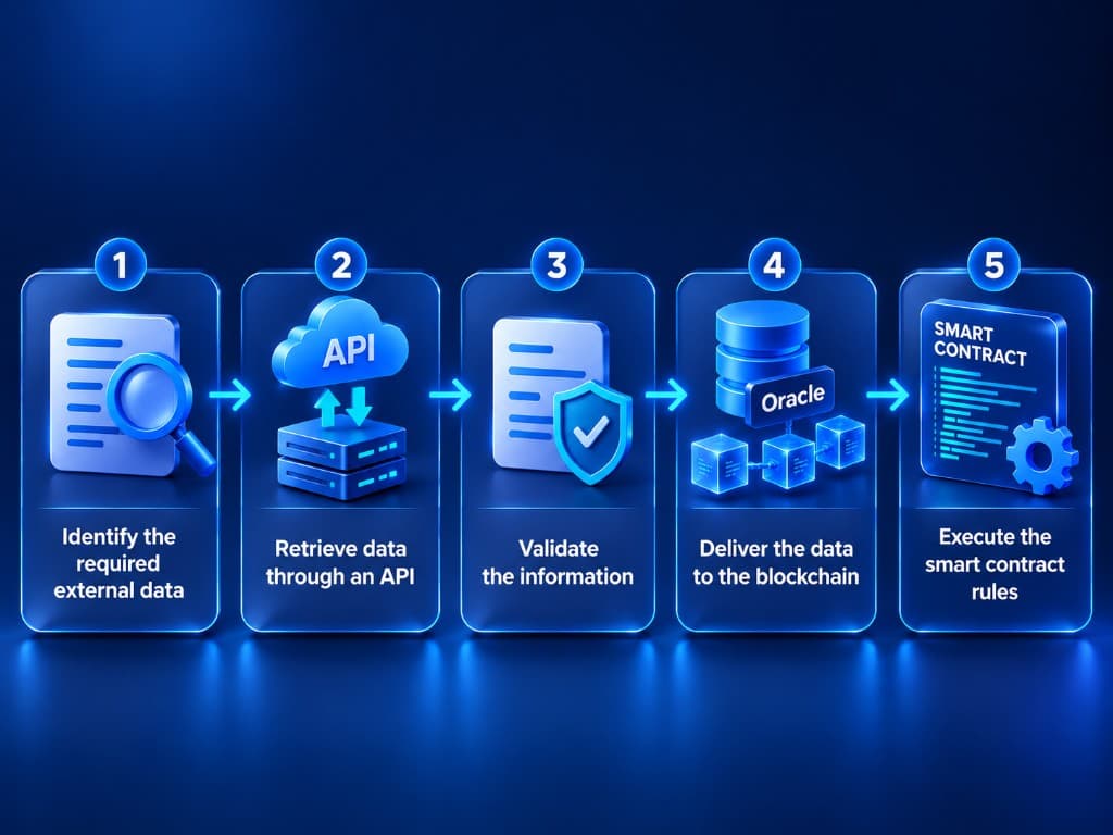 Five-step smart contract data workflow: identify required external data, retrieve data through an API, validate the information, deliver the data to the blockchain, and execute the smart contract rules.