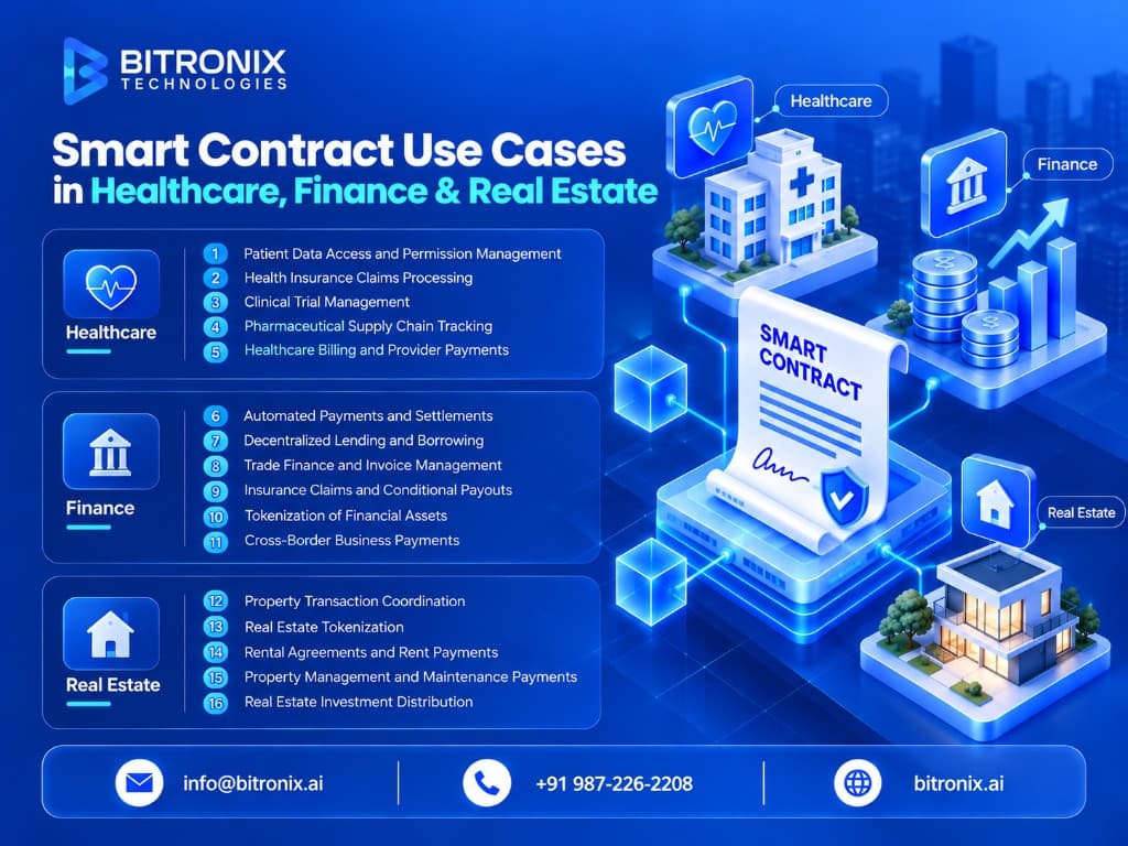 Infographic listing 16 smart contract use cases across healthcare, finance and real estate, with a central smart contract connected to hospital, finance and property scenes.