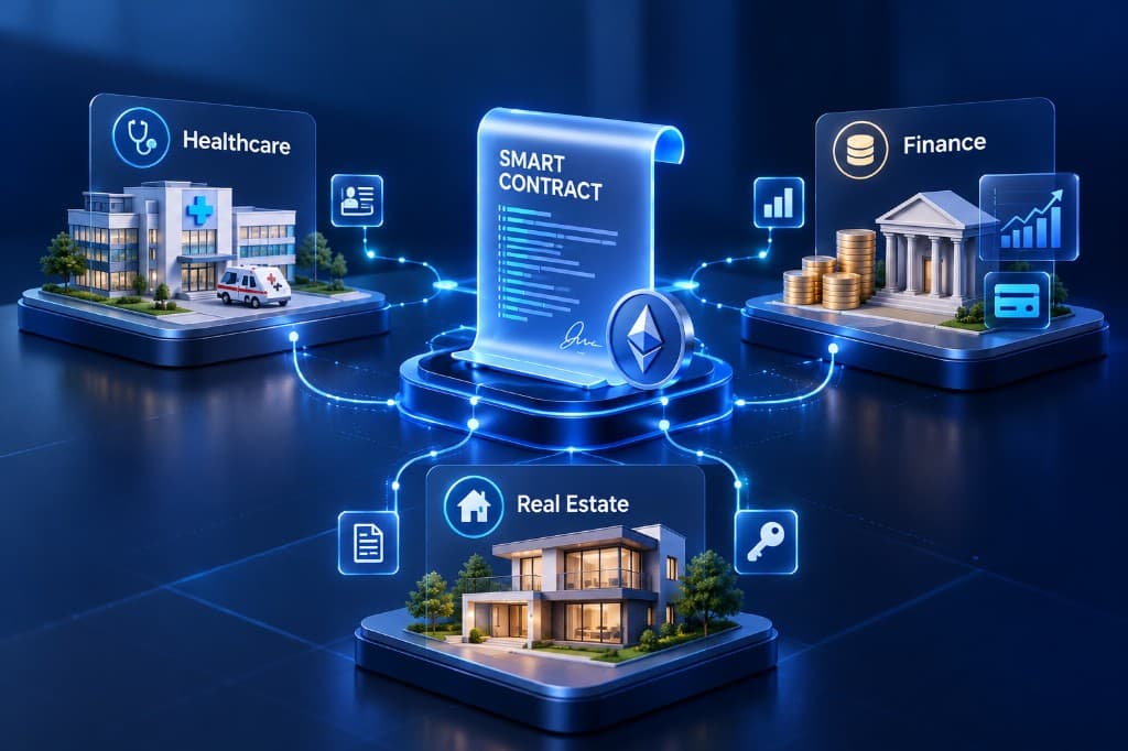 Bitronix smart contract use cases across healthcare, finance and real estate: a digital SMART CONTRACT scroll and Ethereum logo linked to hospital, bank and house platforms.
