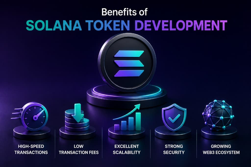 Benefits of Solana token development infographic showing high-speed transactions, low fees under one cent, excellent scalability, strong security with Proof of History and Proof of Stake, and a growing Web3 ecosystem.