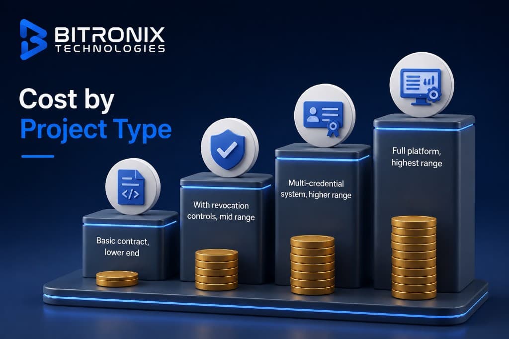 Soulbound token development cost by project type: basic contract, with revocation controls, multi-credential system, and full platform.