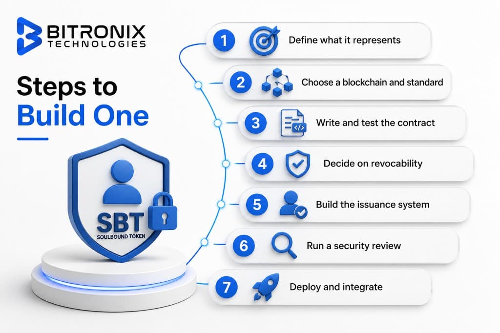 Seven steps to build a soulbound token: define what it represents, choose blockchain and standard, write and test the contract, decide on revocability, build issuance, security review, deploy and integrate.