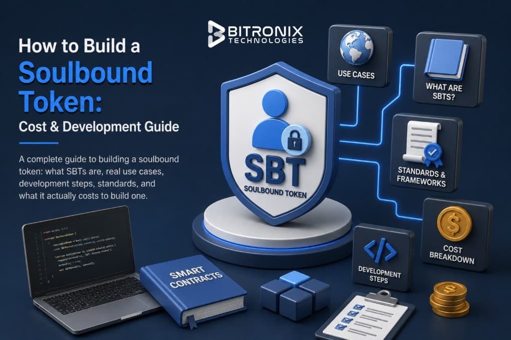 How to build a soulbound token cost and development guide by Bitronix Technologies, featuring an SBT shield, use cases, standards, cost breakdown, and development steps.