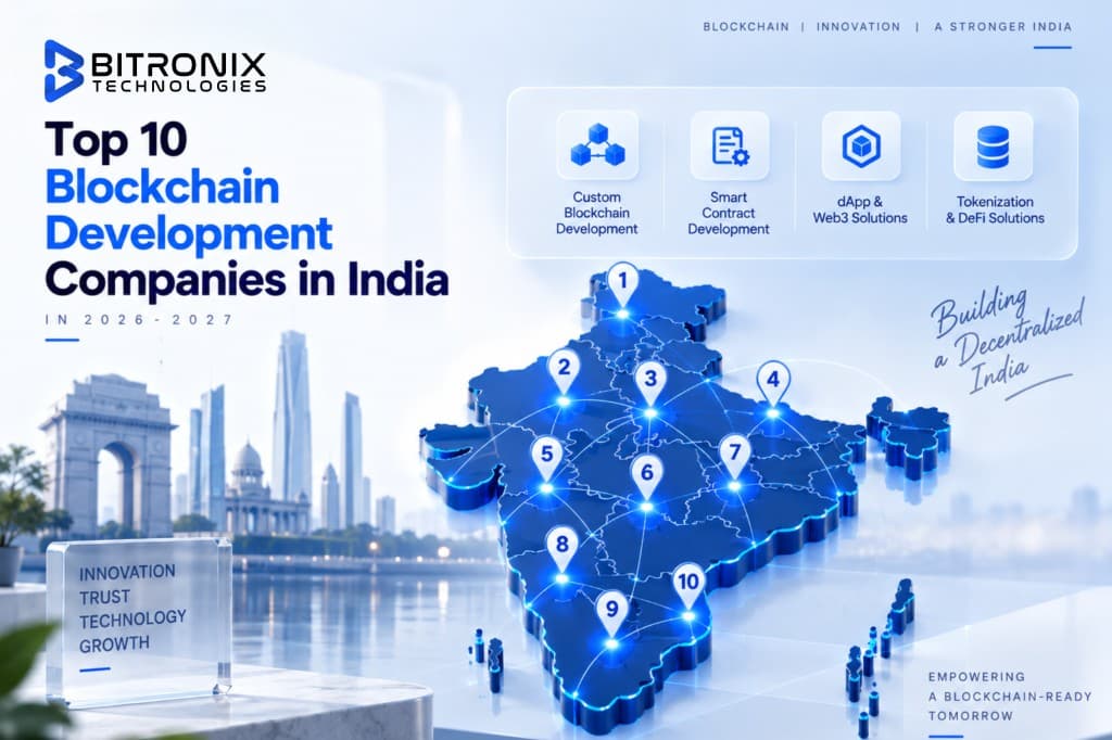 Top 10 blockchain development companies in India in 2026-2027, shown on a 3D India map with custom blockchain, smart contract, dApp and tokenization services
