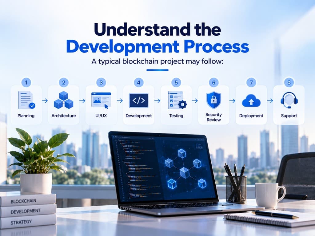 Understand the blockchain development process: planning, architecture, UI/UX, development, testing, security review, deployment and support.