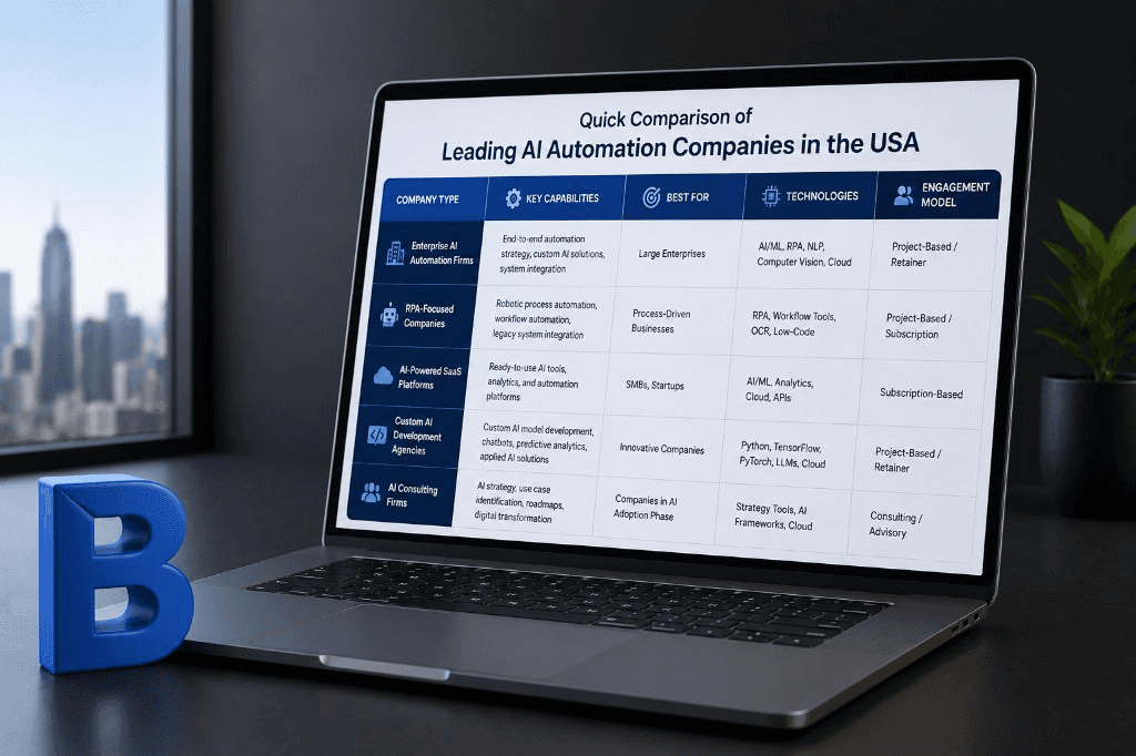 Quick comparison of leading AI automation agencies in the USA by agency type, best fit, engagement length, and cost range including Bitronix, Antier, consulting arms, boutique studios, and cloud partners.