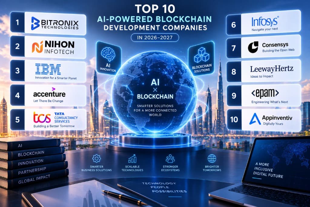 Top 10 AI-powered blockchain development companies in 2026-2027, featuring Bitronix, Nihon Infotech, IBM, Accenture, TCS, Infosys, Consensys, LeewayHertz, EPAM and Appinventiv