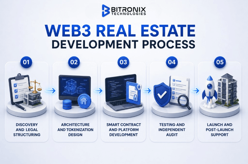 Web3 real estate development process infographic by Bitronix Technologies: discovery and legal structuring, architecture design, smart contract development, testing and audit, and launch support.