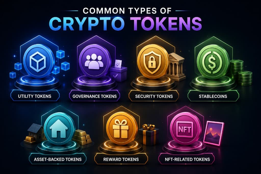 Types of crypto tokens infographic showing utility tokens, governance tokens, security tokens, stablecoins, asset-backed tokens, reward tokens, and NFT-related tokens with example use cases.