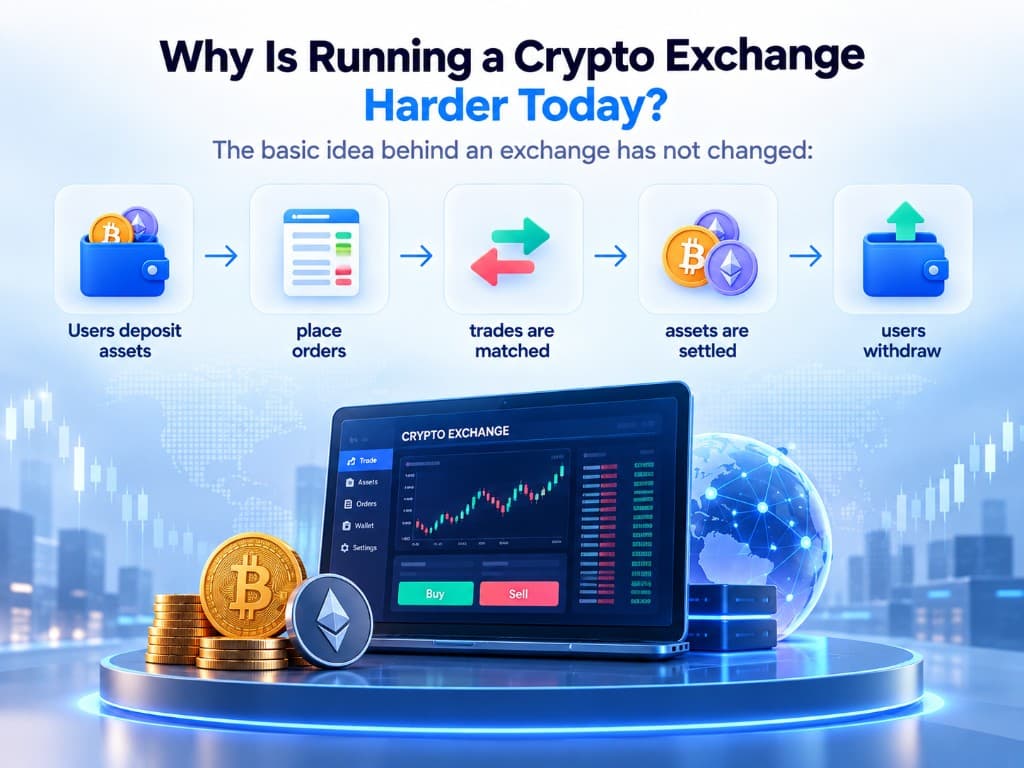 Why running a crypto exchange is harder today: deposit assets, place orders, match trades, settle assets, and withdraw, shown with a crypto exchange trading laptop interface