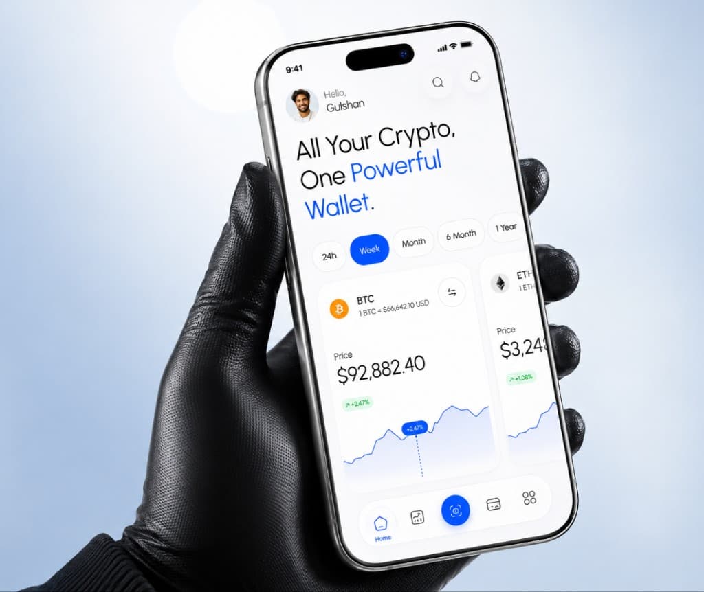 Hand holding a smartphone showing a crypto wallet interface with portfolio chart