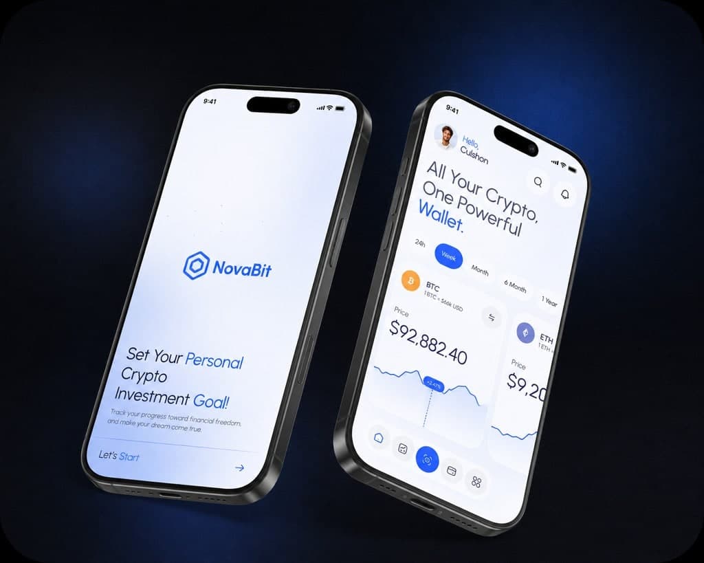 NovaBit crypto wallet app on two smartphones