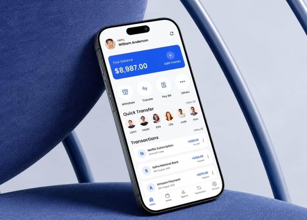 Crypto wallet mobile app showing balance, transfers, and transactions