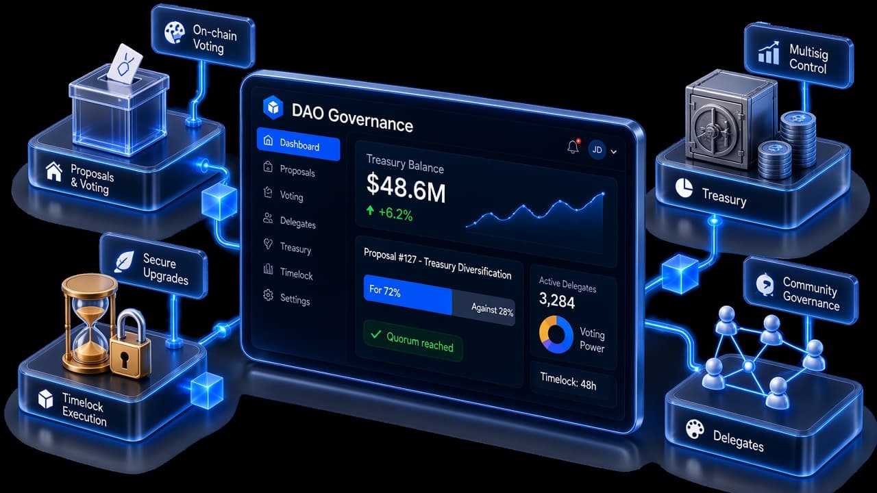 DAO governance dashboard connected to on-chain voting, timelock execution, multisig treasury and delegate infrastructure