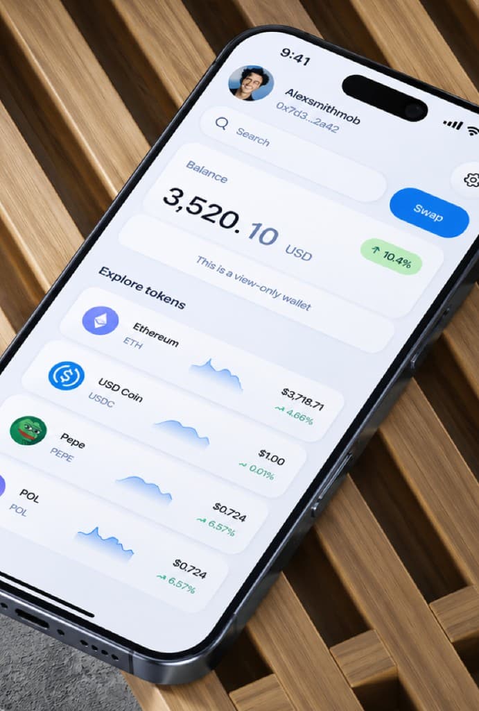 Mobile wallet interface showing balance and token explore list