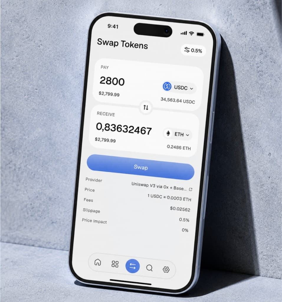 Mobile DEX swap interface showing a USDC to ETH trade
