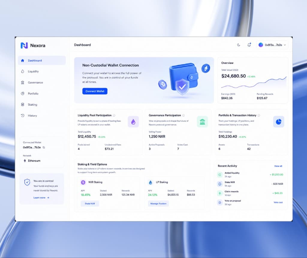 DEX user dashboard with wallet connection, liquidity, governance, and staking