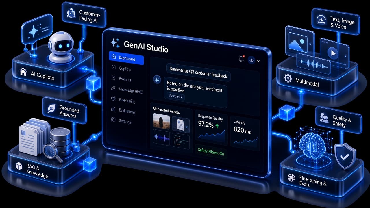 Generative AI studio dashboard connected to AI copilots, RAG knowledge bases, multimodal generation and fine-tuning with evaluations